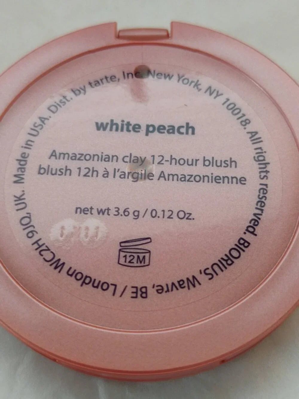 tarte Amazonian Clay 12 Hr Blush Shade 'White Peach' - NWT - Full Size